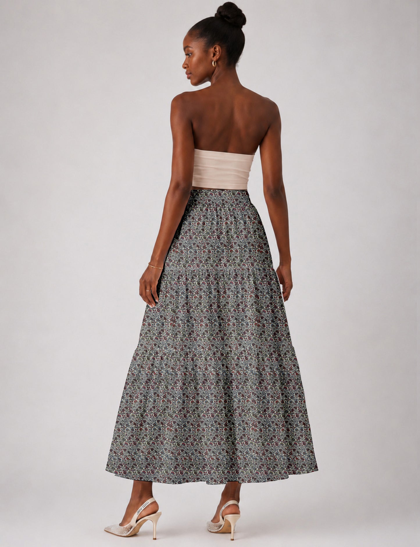 Midi Tiered Skirt - Grey Tropical