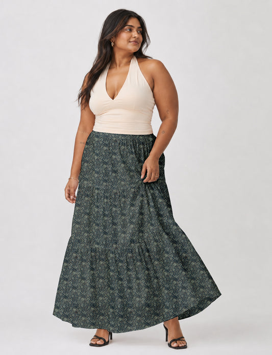 Midi Tiered Skirt - Grey Tropical