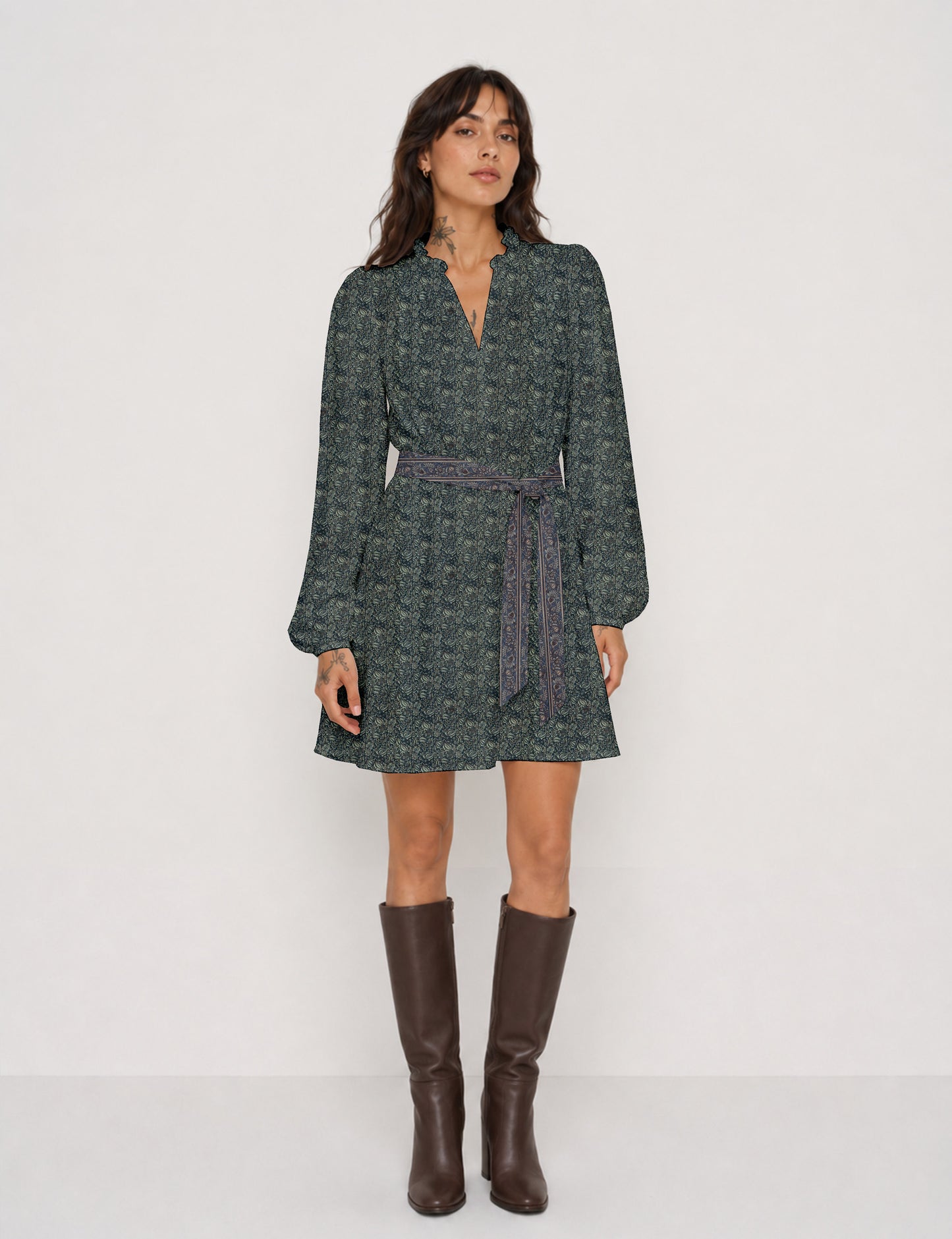 Swing dress with belt - Grey Tropical