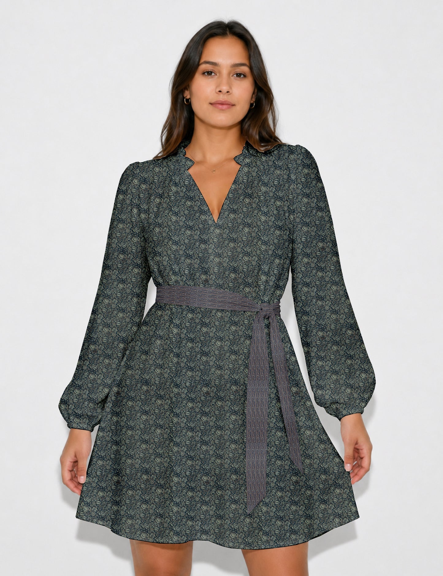 Swing dress with belt - Grey Tropical
