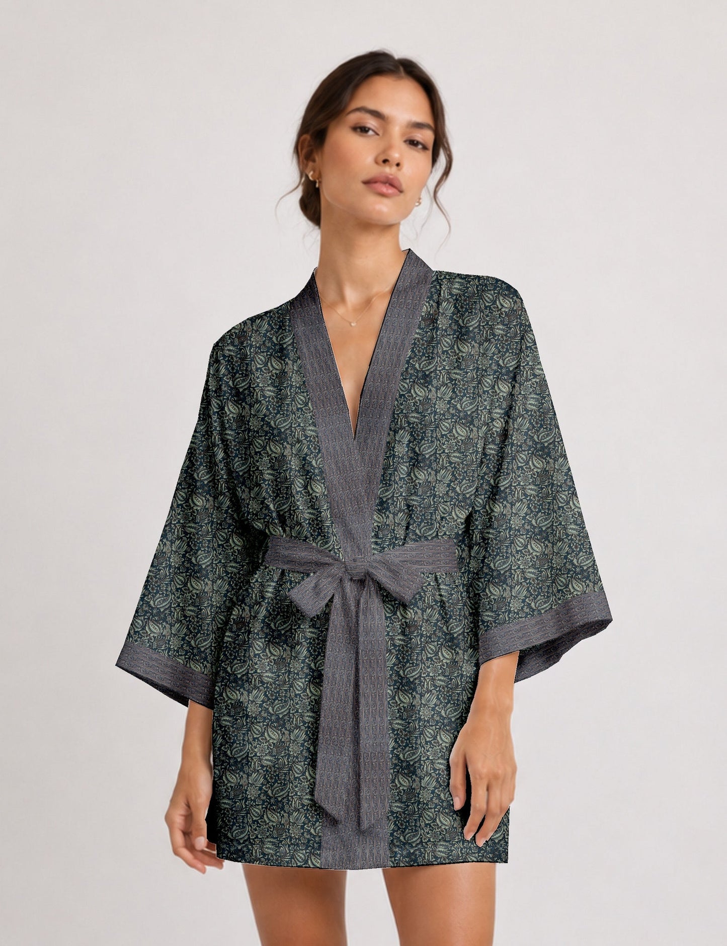 Short kimono robe - Grey Tropical