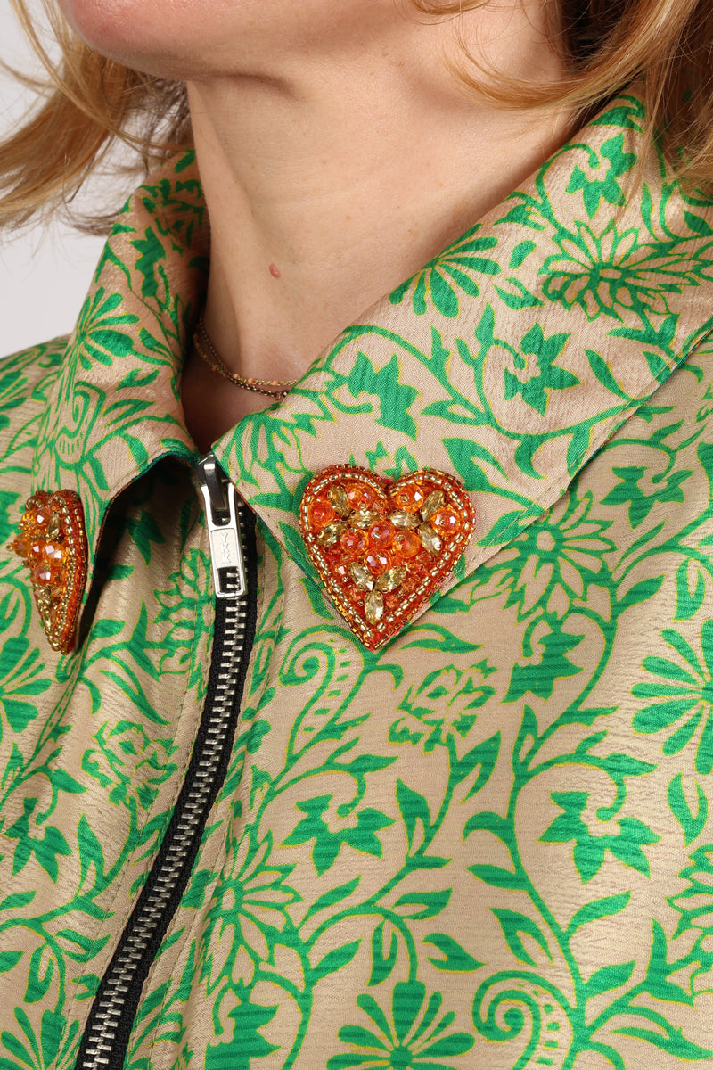 Love Bomber Jacket made from recycled fabric, featuring hand-stitched Aari embroidery. A unique piece of zero-waste clothing, part of the circular fashion movement. Designed with upcycled materials for a stylish yet environmentally friendly clothing choice.