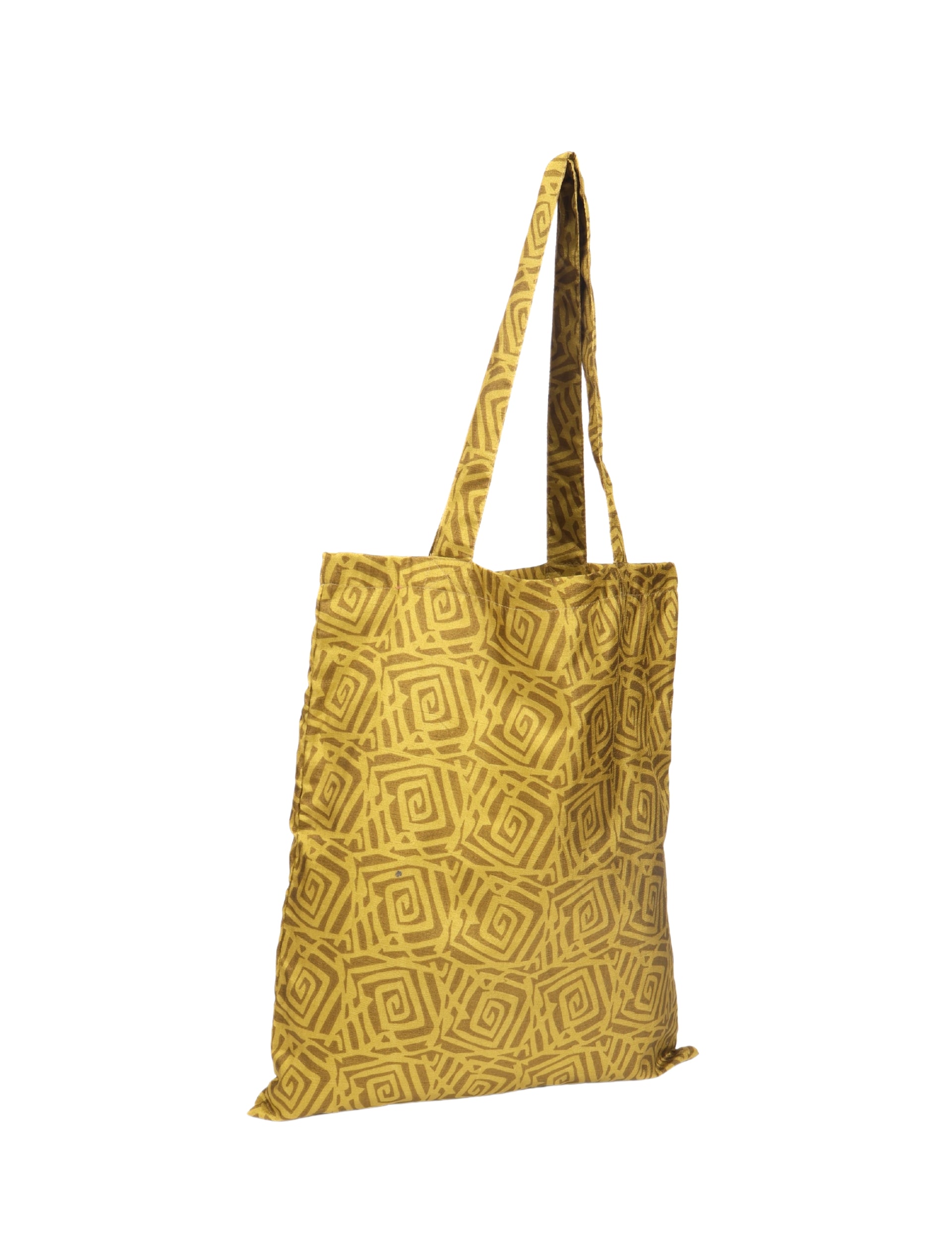 Yellow shopper bag with brown geometric spiral pattern, flat view showing handles and upper portion of the bag