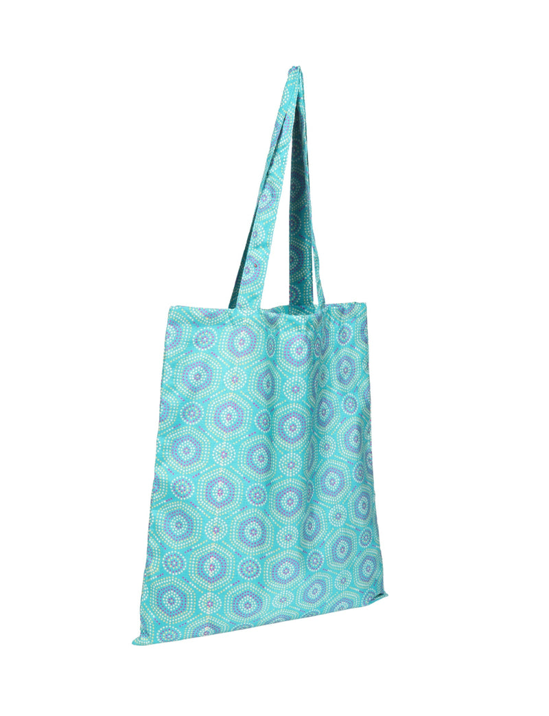 Blue shopper bag with Indian ethnic circular dot pattern in white and purple, shown hanging with handles visible