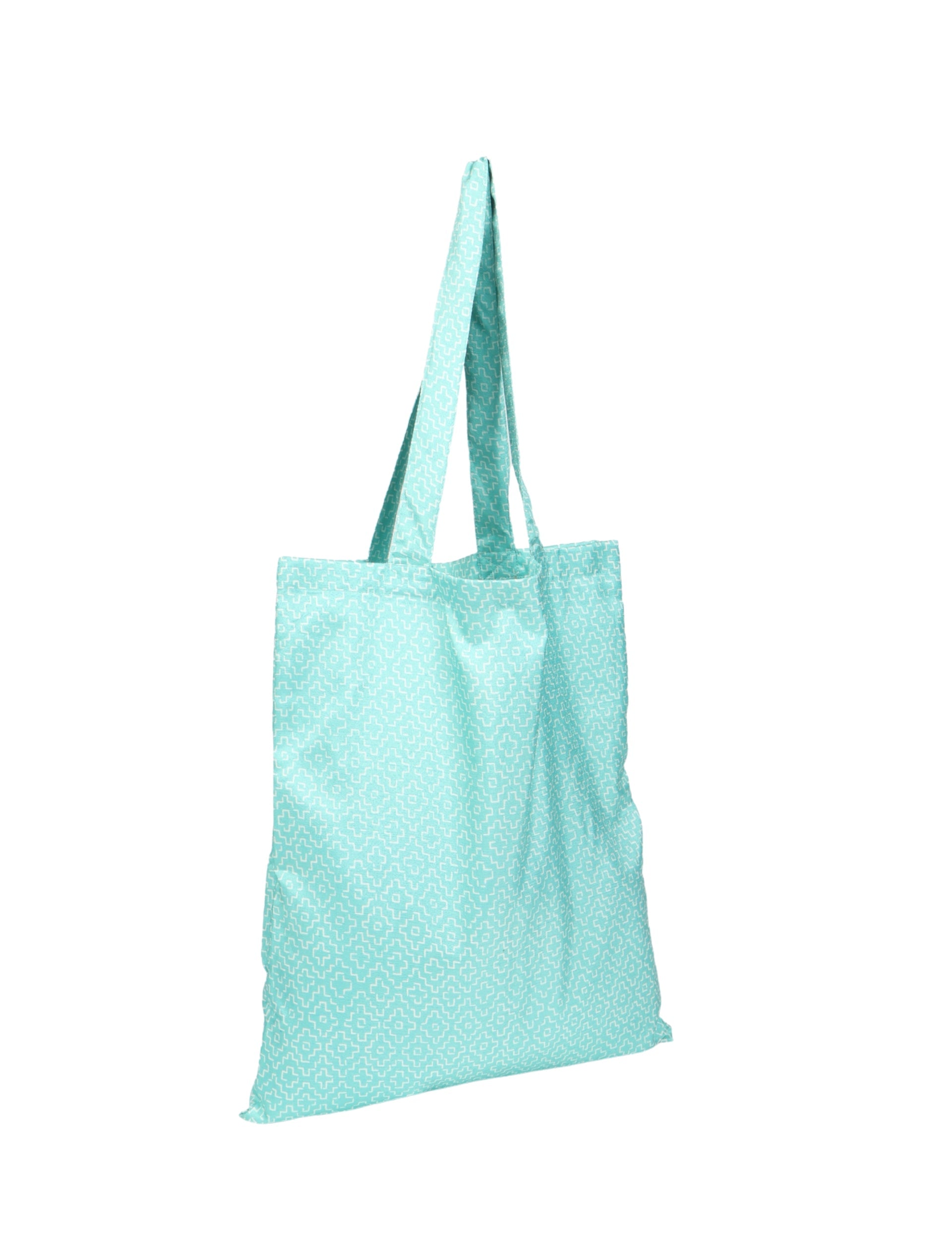Blue shopper bag with white geometric pattern, long handles, and flat lay view on white background