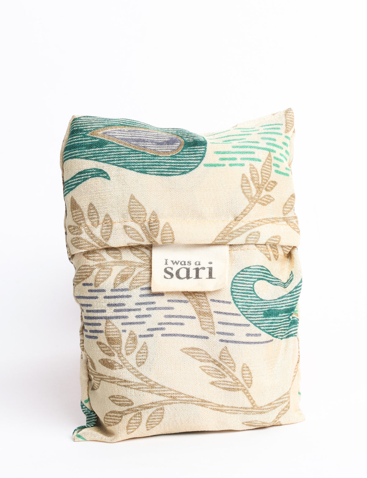 Blue reusable bag with tropical floral pattern in pink, yellow, and green, shown hanging with handles visible
