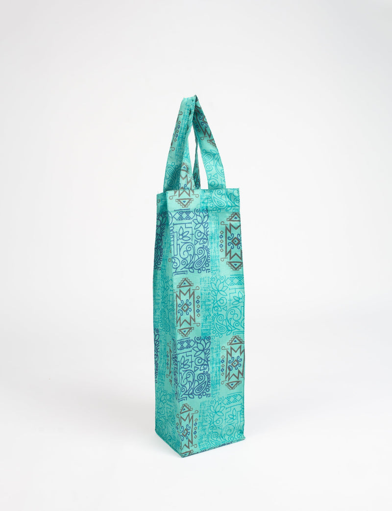 Blue fabric wine bag with Indian ethnic patterns in turquoise and dark blue, shown standing upright with handles visible