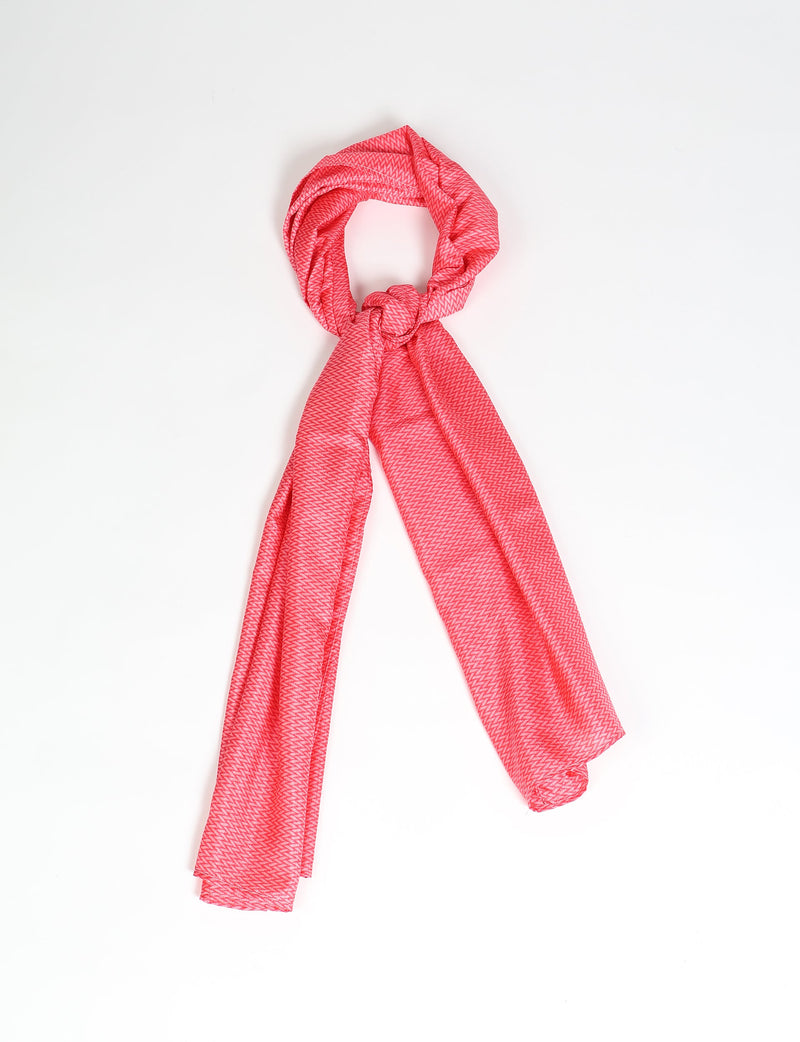 Pink stole with micro chevron pattern, shown knotted and hanging against a white background