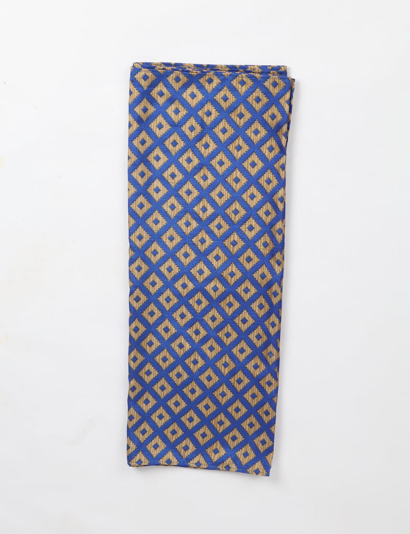 Folded blue stole with beige geometric diamond pattern on a white background, front view