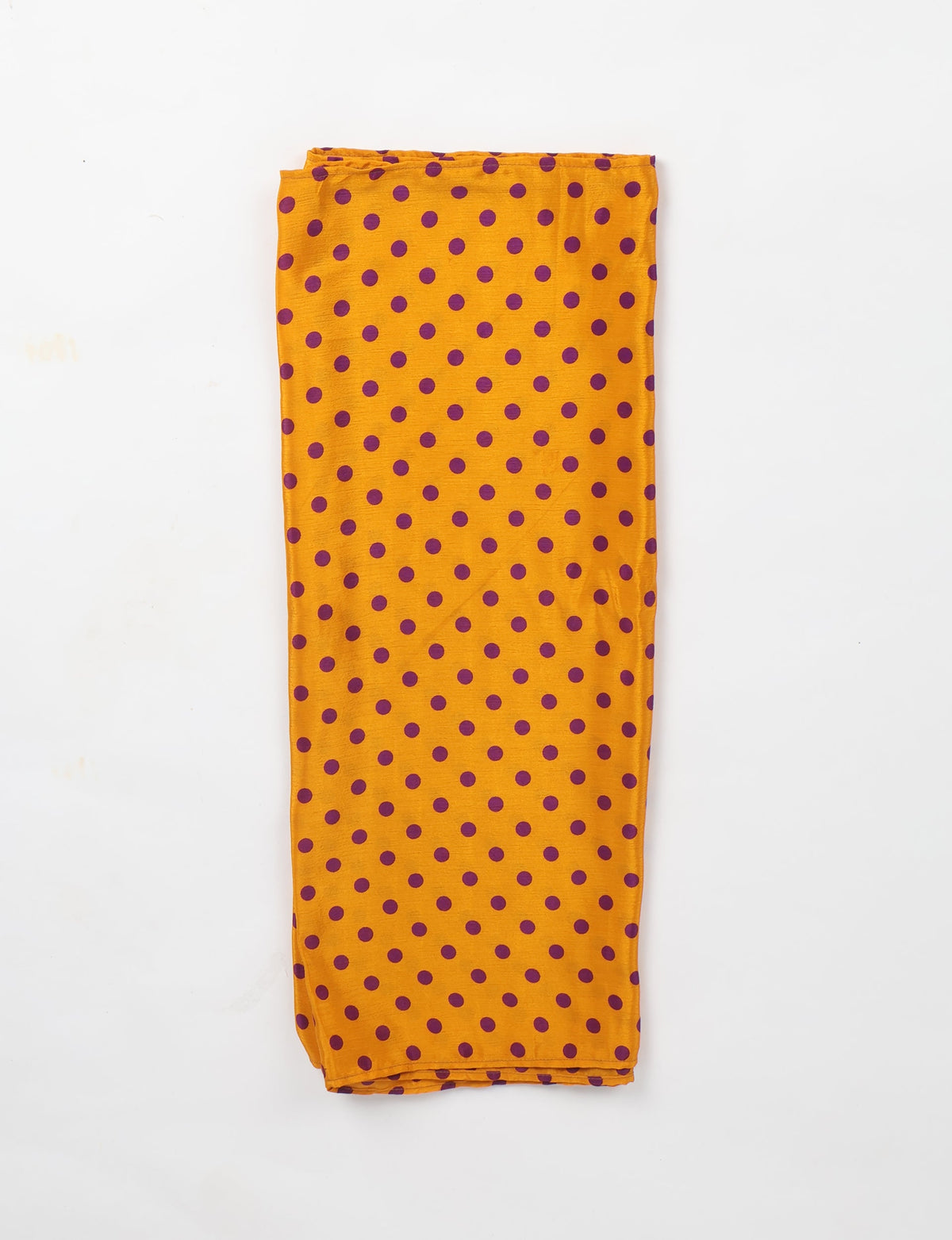 Yellow stole with purple polka dot micro design, folded flat on a white background