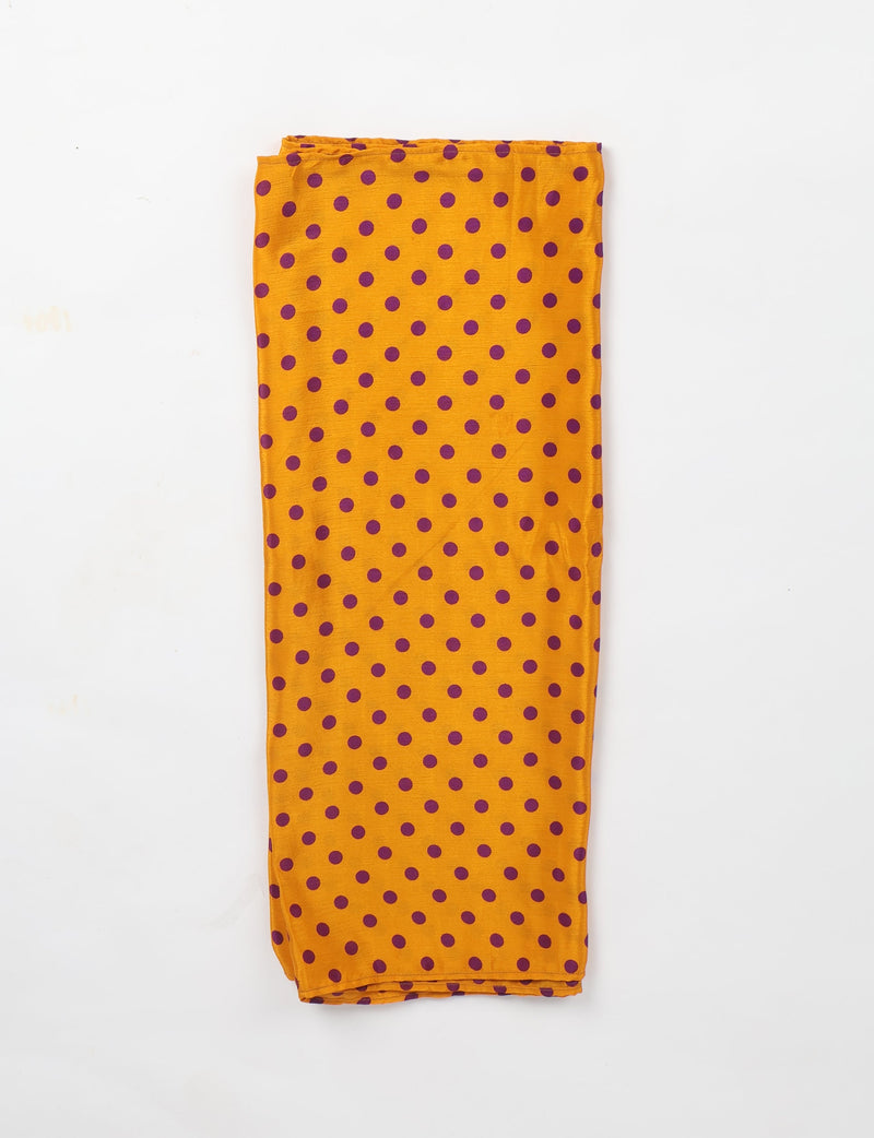 Yellow stole with purple polka dot micro design, folded flat on a white background