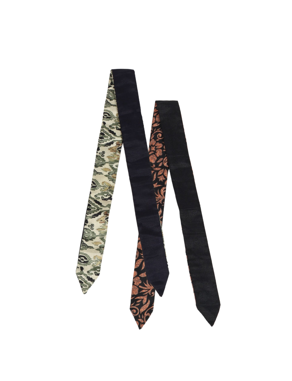 Set of two assorted headbands with black velvet and floral patterned fabric, shown flat on white background