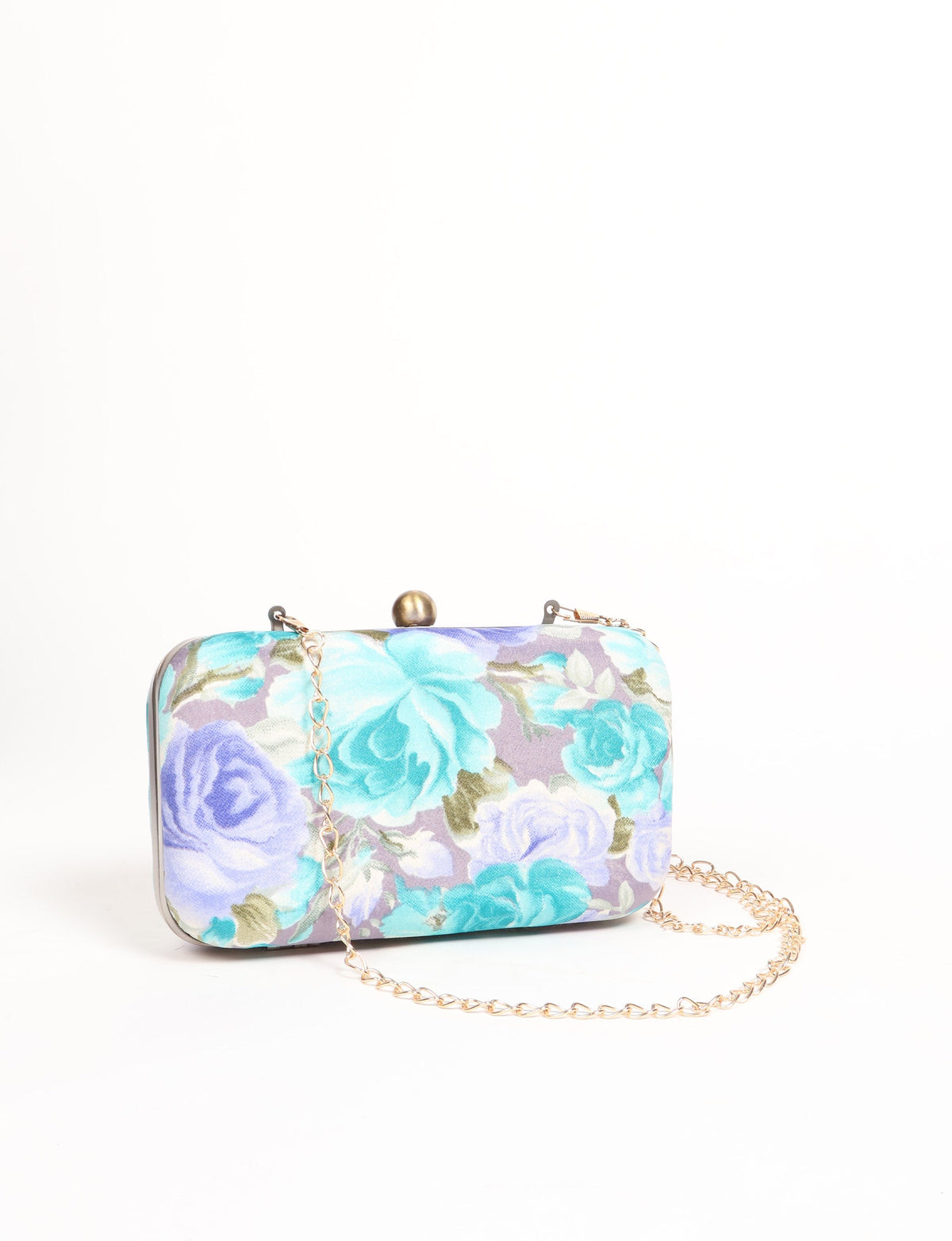 Rectangular clutch handbag with grey background and blue, purple floral print, gold-tone chain strap, and round clasp