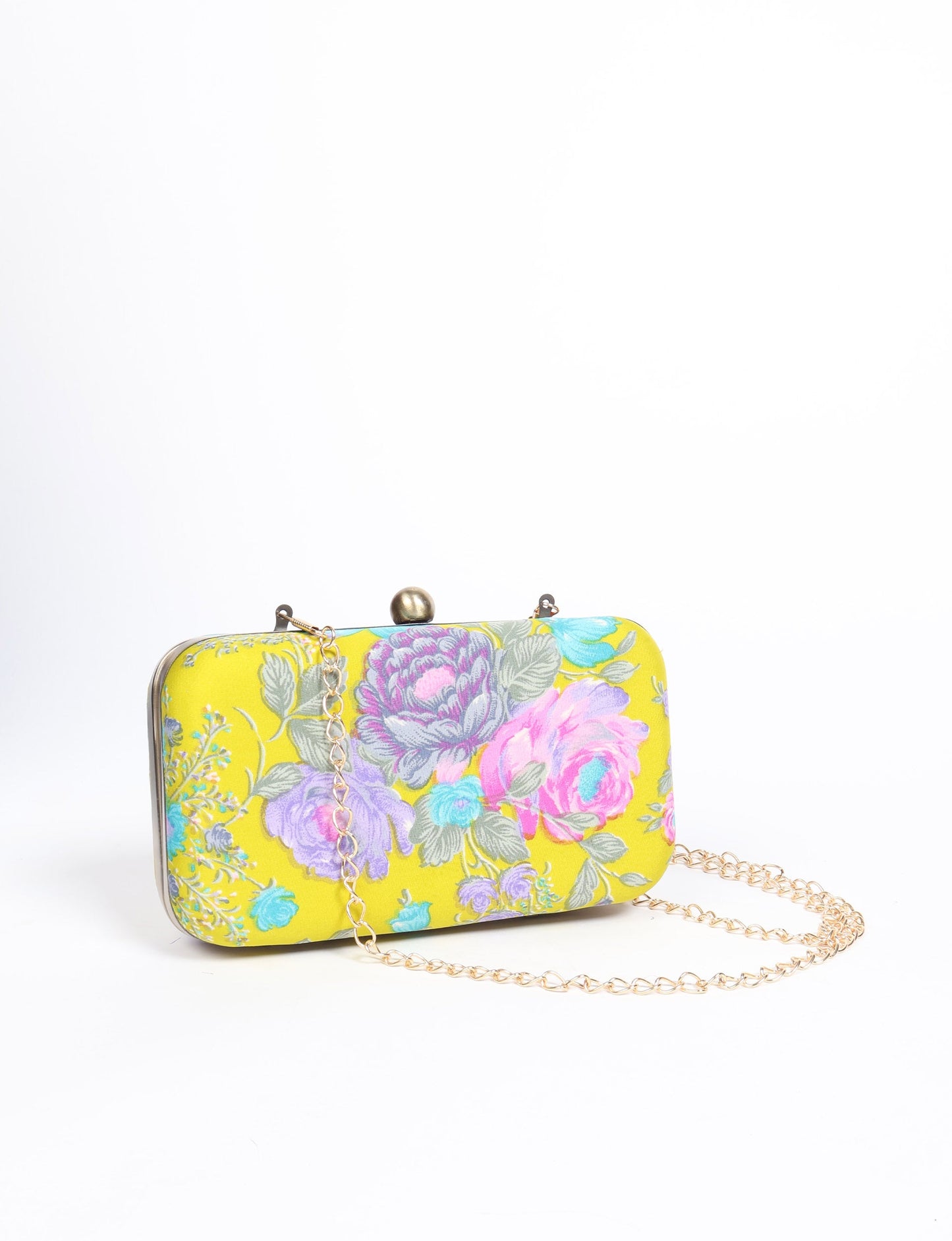 Yellow floral clutch handbag with purple, pink, and blue flowers, gold-tone frame, clasp, and chain strap, front view