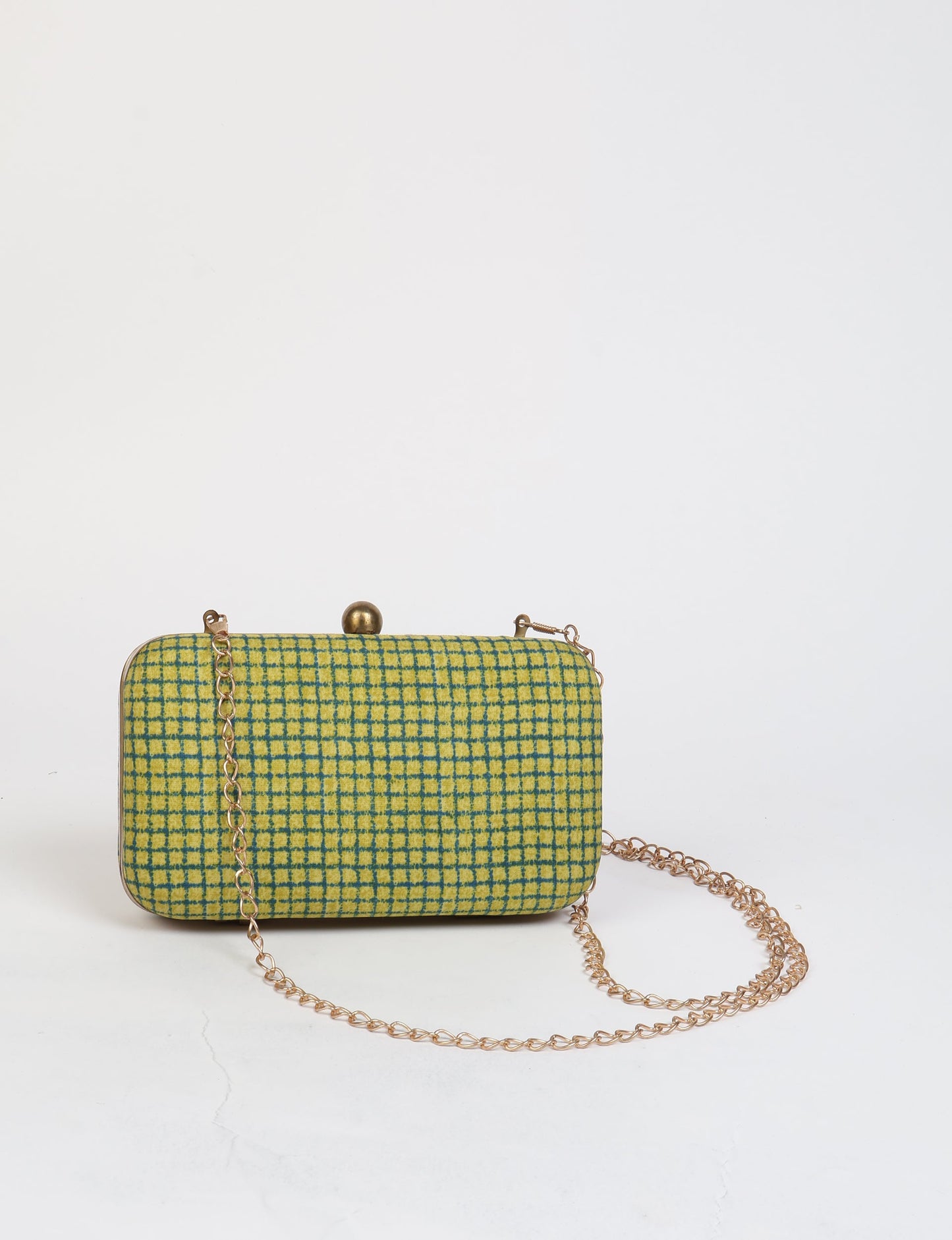 Green geometric patterned clutch handbag with gold-tone metal frame, clasp, and chain strap, shown front view on white background