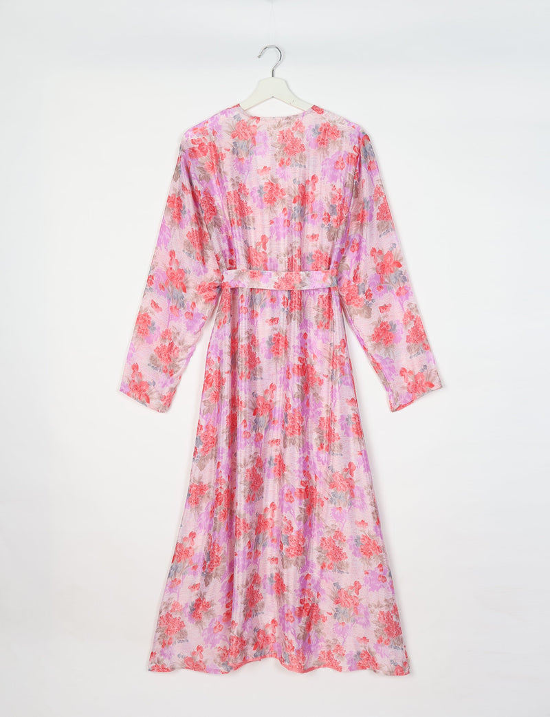 Pink floral beach robe with long sleeves and belt, shown from back on white hanger against white background
