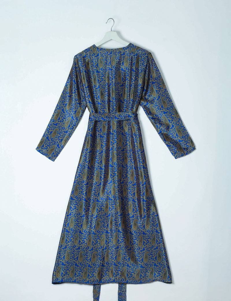 Blue beach robe with gold paisley pattern, long sleeves, and waist tie, shown from the back on a hanger