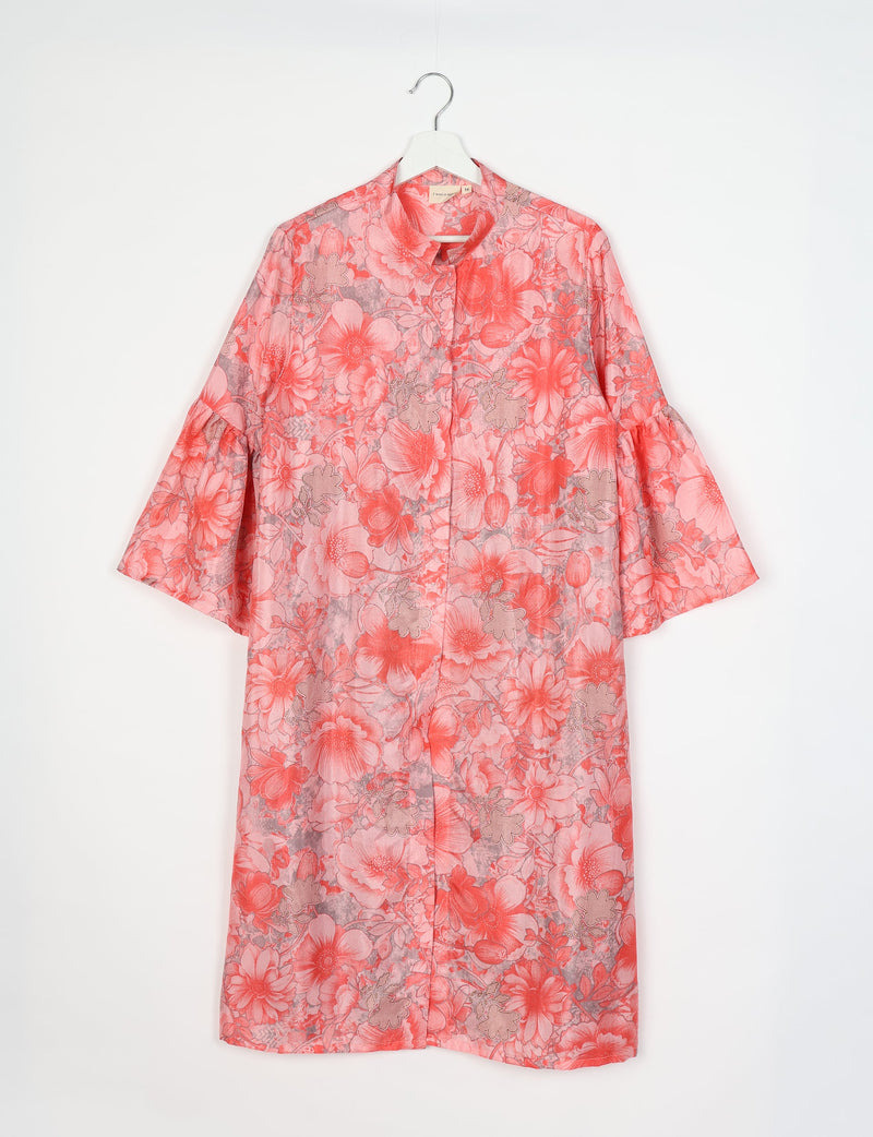 Pink floral bell sleeve coat with stand collar, front button closure, shown hanging on white hanger front view
