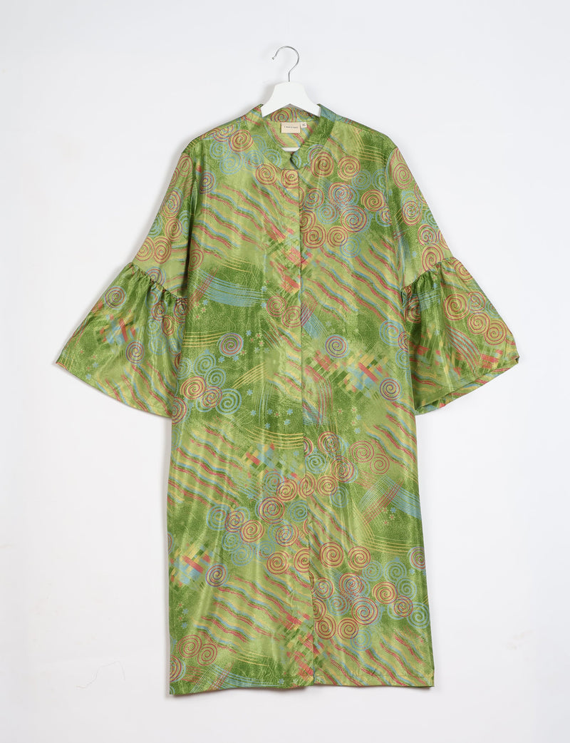 Green abstract patterned bell sleeve coat with round neckline hanging on white hanger front view