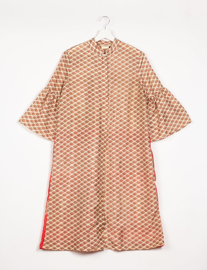 Beige coat with red micro floral pattern, bell sleeves, mandarin collar, and front button closure, hanging on white hanger