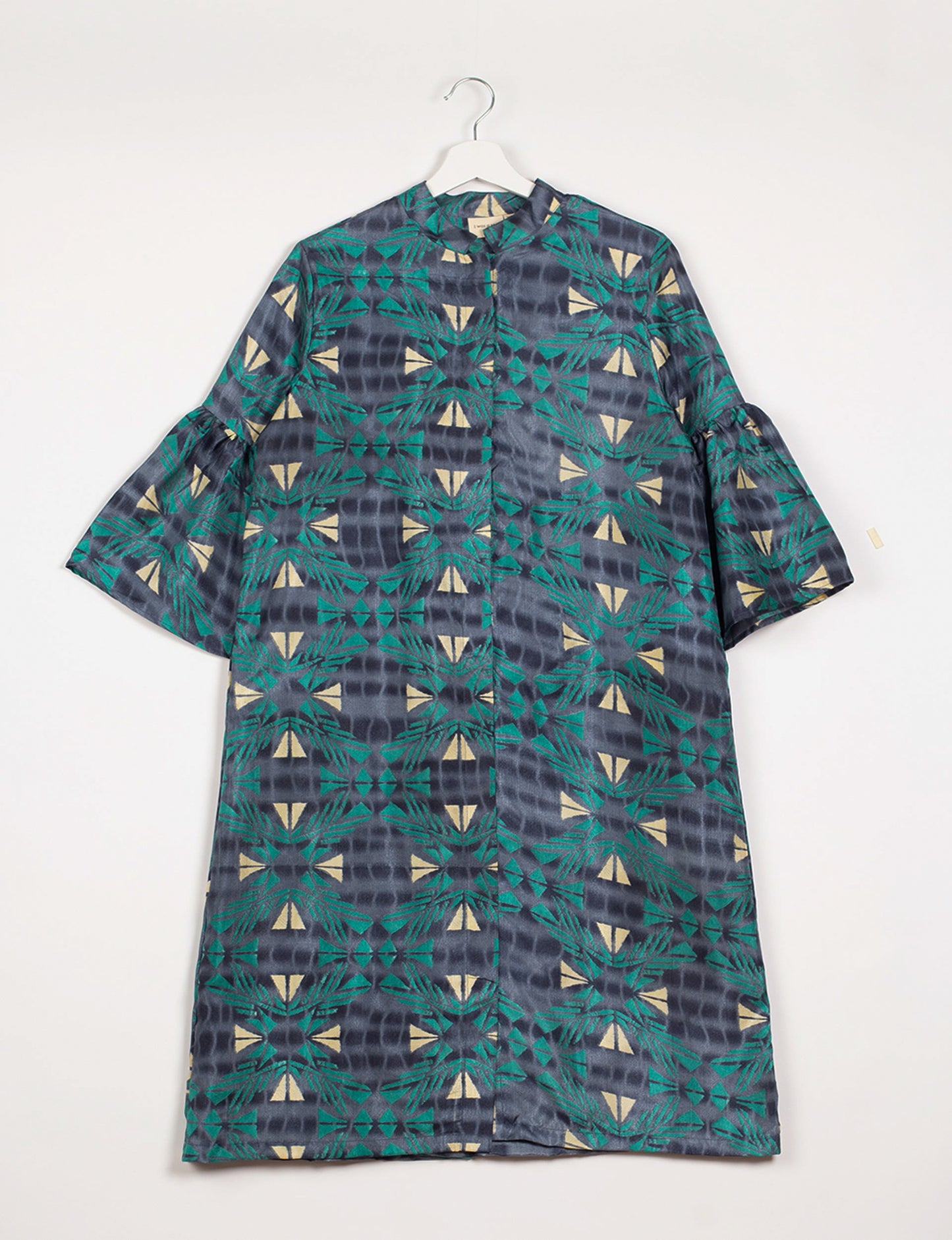 Bell Sleeve Coat - Blue Geometric