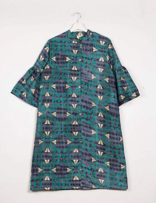 Bell Sleeve Coat - Blue Geometric