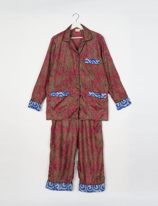 Chic long-sleeve pajama set made from recycled materials, representing eco friendly products, repurposed clothing, and zero waste clothing in green fashion.