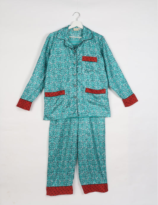 Pj Set Long With Long Sleeves - Blue Leaves