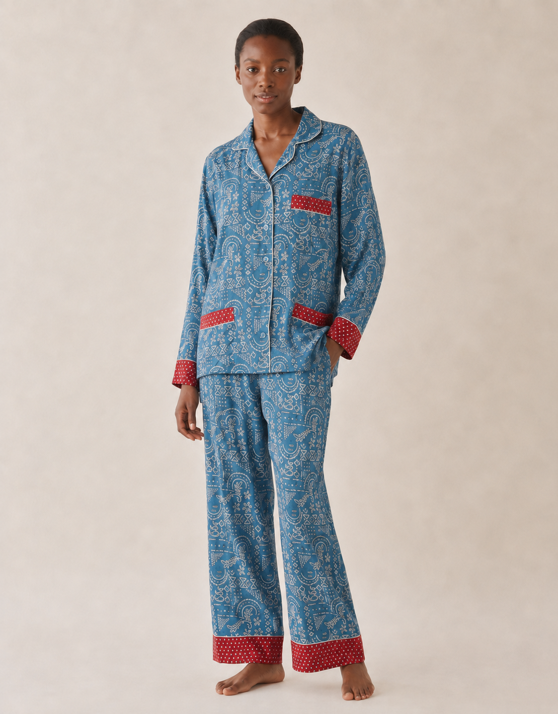 Chic long-sleeve pajama set made from recycled materials, representing eco friendly products, repurposed clothing, and zero waste clothing in green fashion.