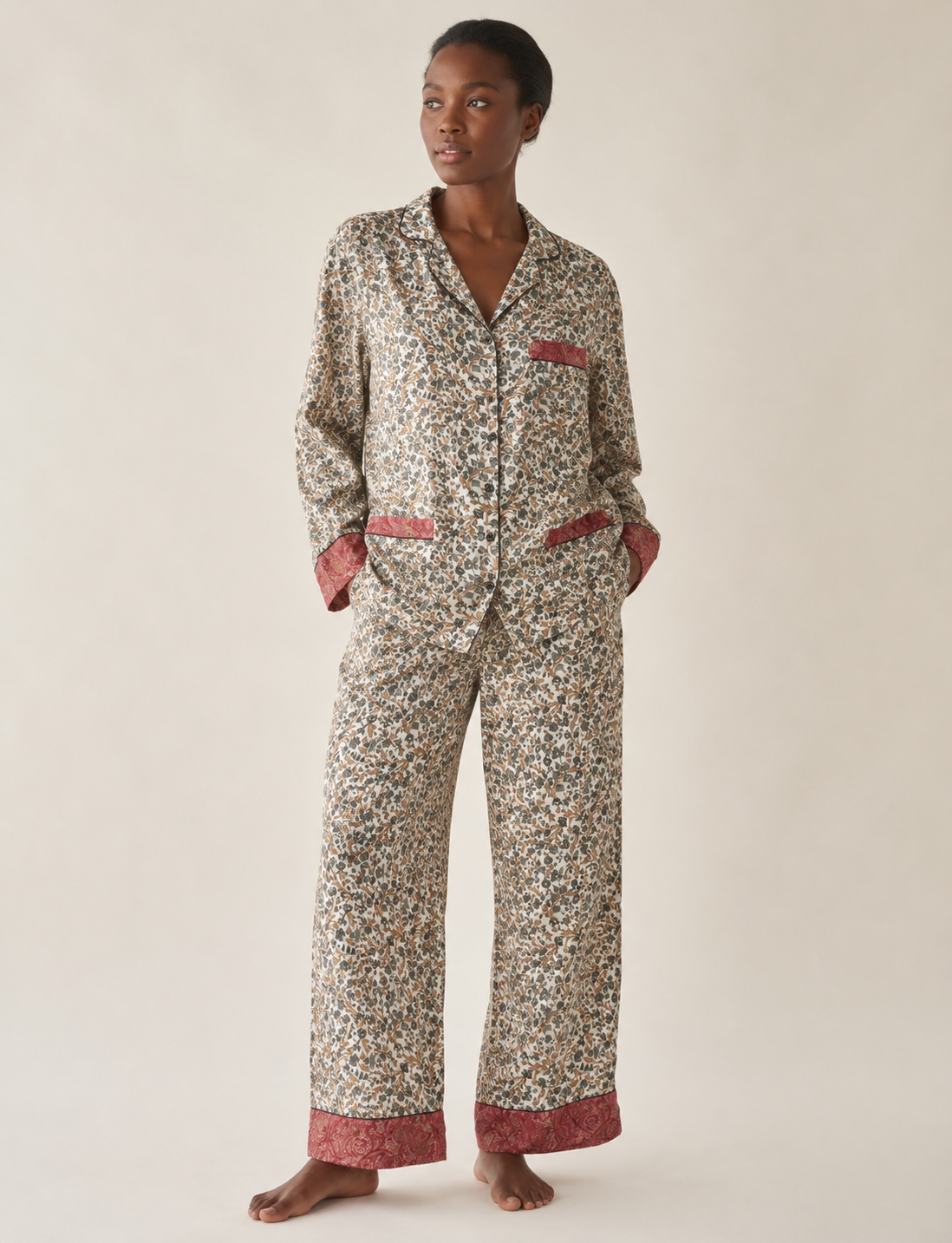 Chic long-sleeve pajama set made from recycled materials, representing eco friendly products, repurposed clothing, and zero waste clothing in green fashion.