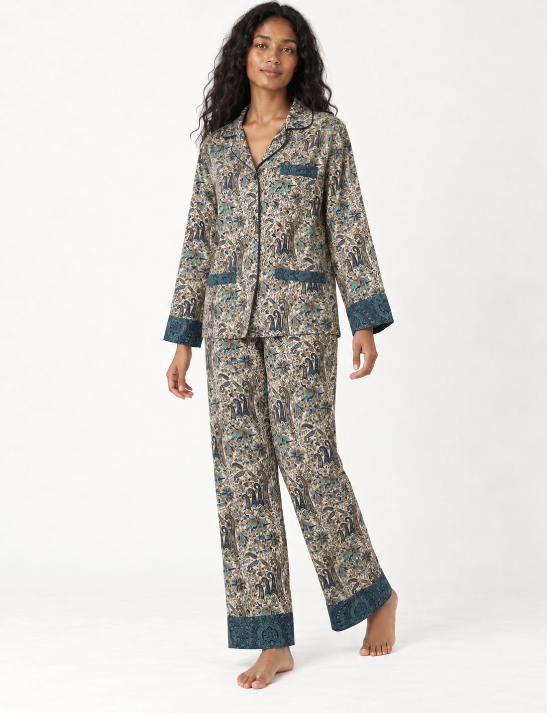 Choose sustainable sleepwear with our PJ SET – perfect for conscious living. From chilling to entertaining, these day-to-night pajamas feature an ethically crafted long-sleeve button-down and elastic-waist pants. Elevate your sleepwear with eco-friendly elegance.