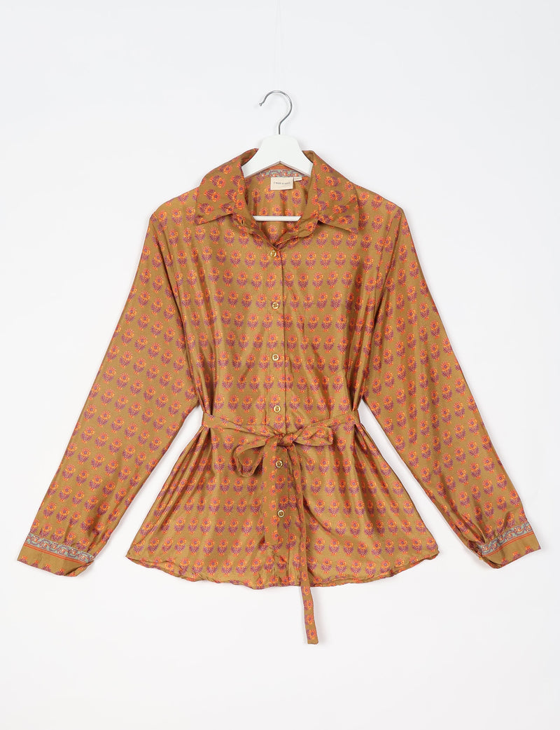 Yellow button-up shirt with micro floral pattern, long sleeves, collar, and waist tie, shown flat on hanger
