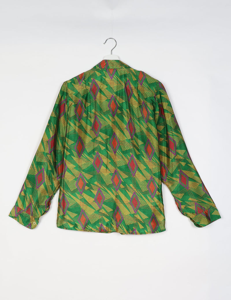 Green long-sleeve shirt with red and yellow geometric diamond pattern, shown from back on white hanger against white background