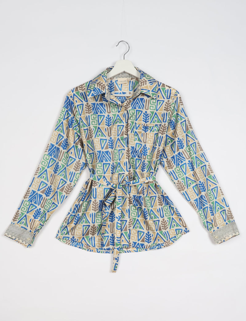 Long-sleeve button-up shirt with blue, green, beige, and brown geometric and leaf patterns, front pocket, and waist tie belt