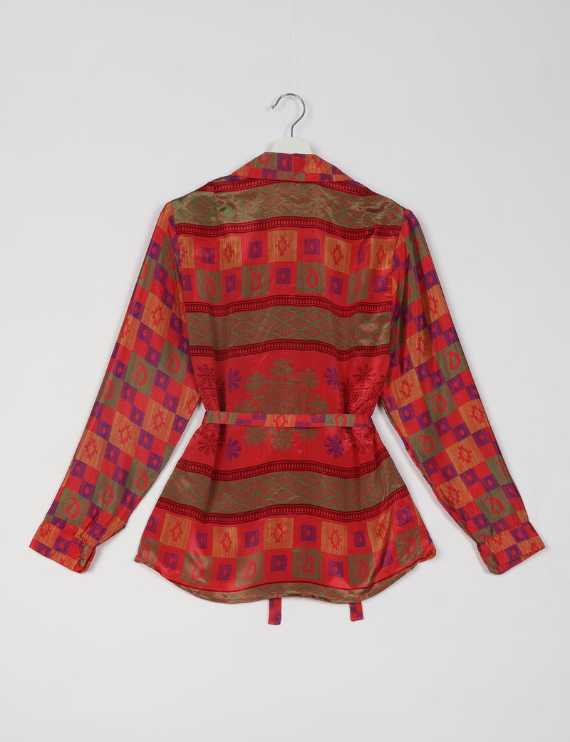 Red ethnic shirt with green, purple, and gold geometric and floral patterns, long sleeves, and a back belt, shown from rear