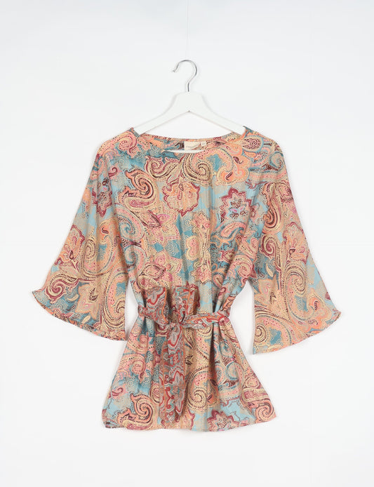 Upcycled women’s Belt Top made from pre-loved saris, showcasing eco friendly cloth, carbon neutral clothing, circular fashion design, environmentally friendly clothing, and second hand clothing elegance.