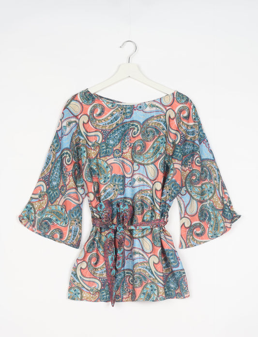 Upcycled women’s Belt Top made from pre-loved saris, showcasing eco friendly cloth, carbon neutral clothing, circular fashion design, environmentally friendly clothing, and second hand clothing elegance.