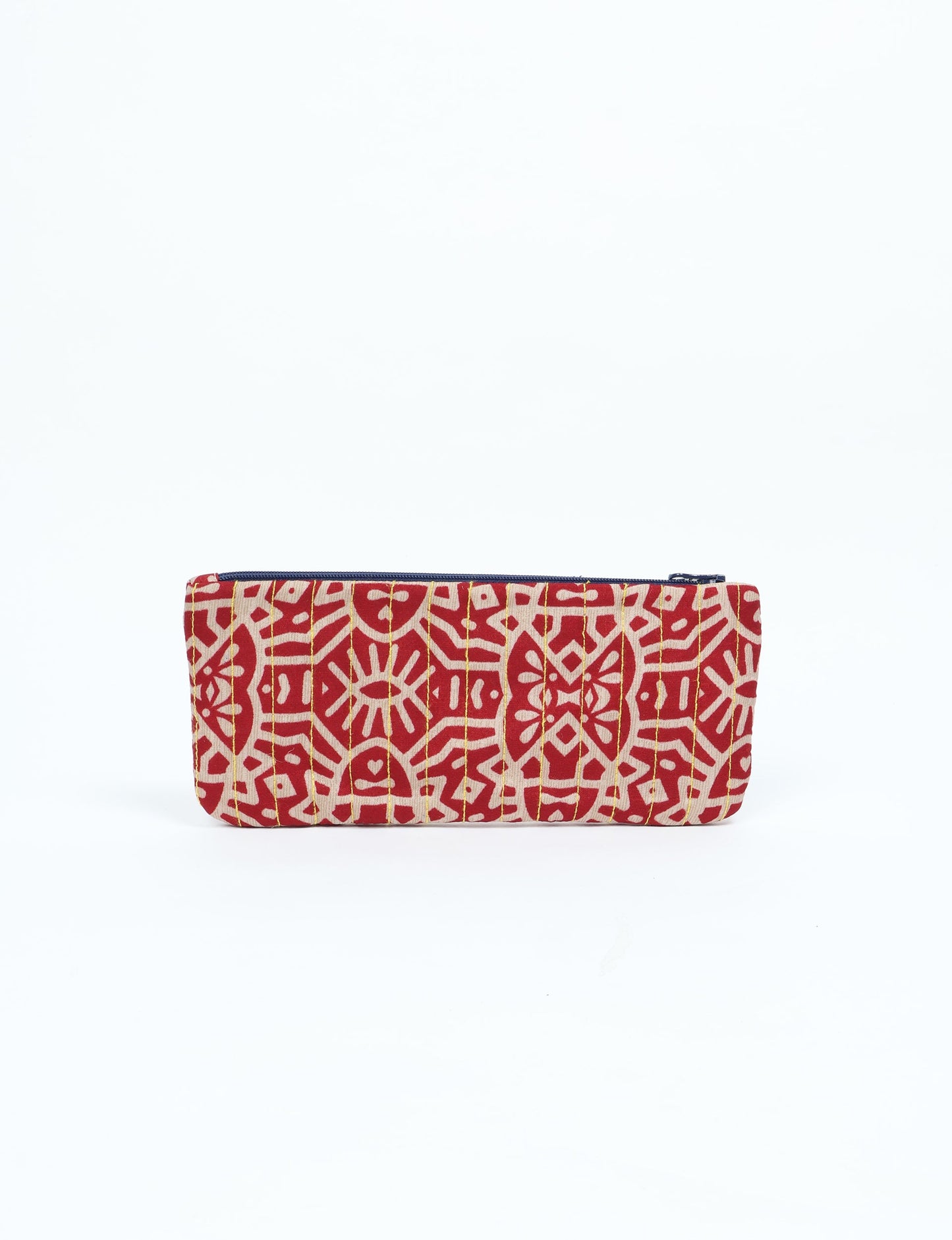 Quilted pencil pouch made from recycled clothing and repurposed textiles, promoting eco friendly fashion and circular fashion ideals. A durable, stylish storage option inspired by recycled sari products, upcycled women’s clothing, and earth friendly fashion practices.