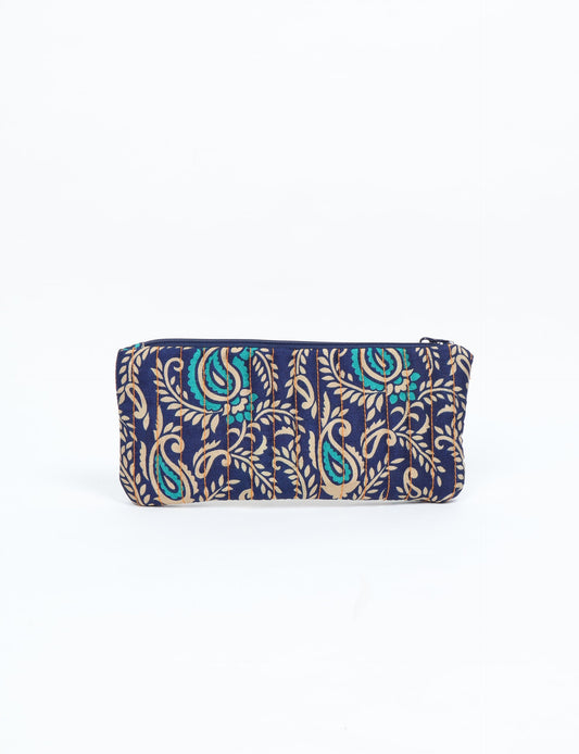 Quilted pencil pouch made from recycled clothing and repurposed textiles, promoting eco friendly fashion and circular fashion ideals. A durable, stylish storage option inspired by recycled sari products, upcycled women’s clothing, and earth friendly fashion practices.