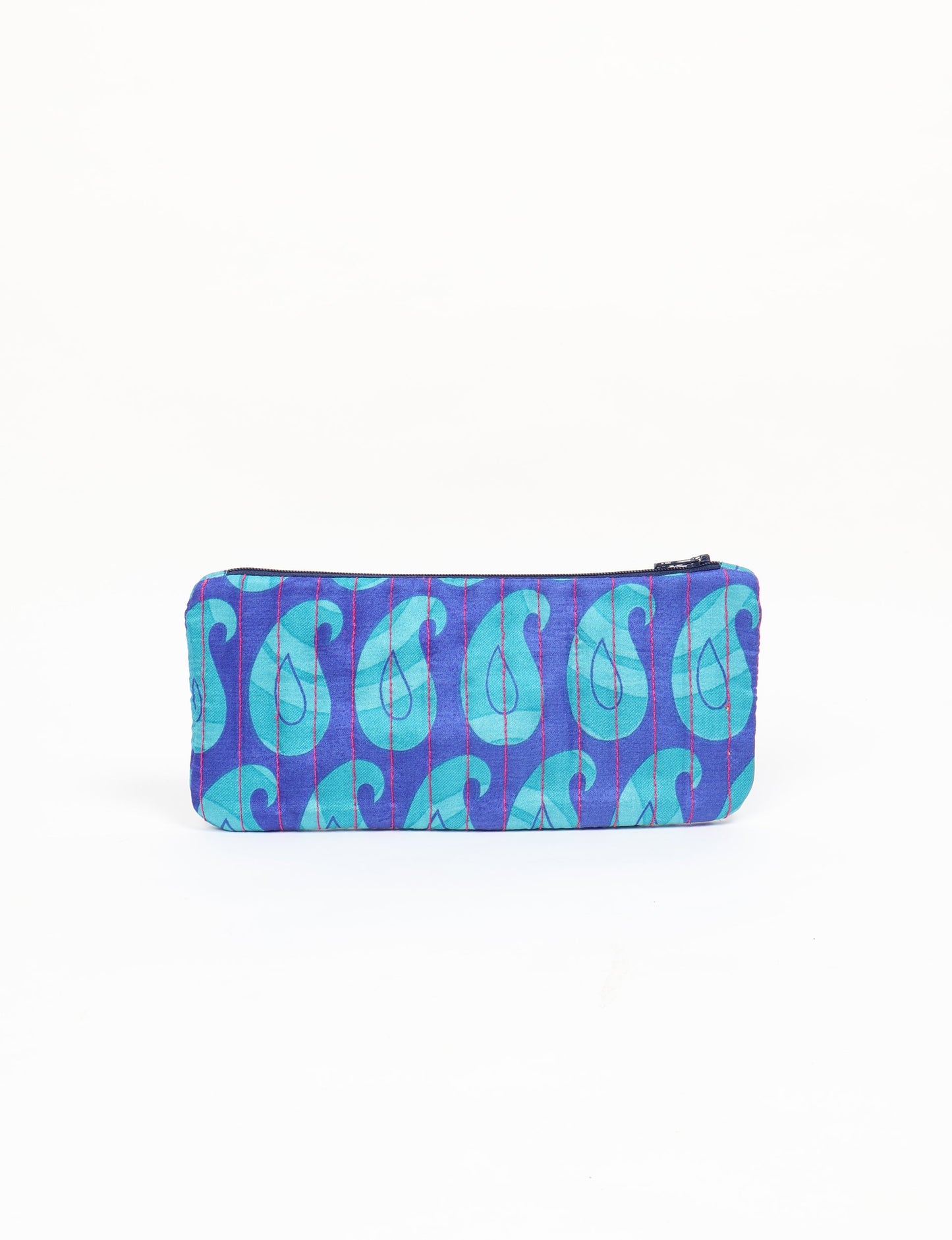 Quilted pencil pouch made from recycled clothing and repurposed textiles, promoting eco friendly fashion and circular fashion ideals. A durable, stylish storage option inspired by recycled sari products, upcycled women’s clothing, and earth friendly fashion practices.