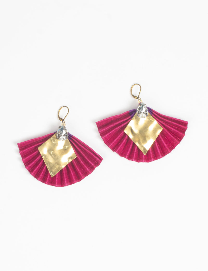 Pink pleated fan-shaped earrings with hammered gold diamond accents and clear teardrop crystals, shown flat on white background