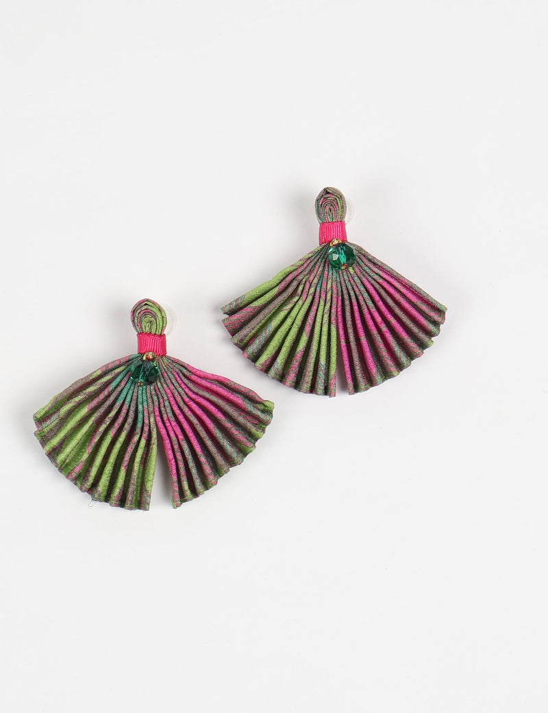 Pink and green pleated fabric earrings with green gem accents, shown flat on a white background