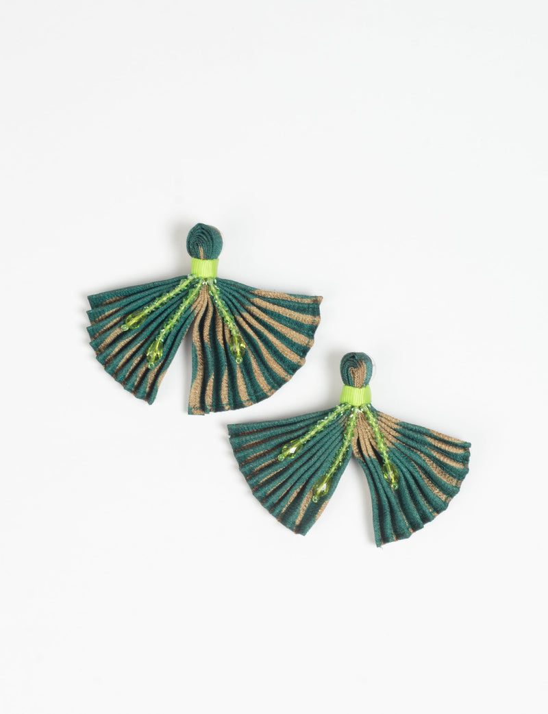 Green and beige pleated fabric earrings with lime green bead accents, shown flat on a white background