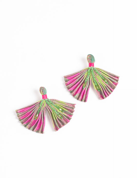 Elevate your look with our PLEATED EARRINGS – embellished with a beaded dangler, diamond-shaped metallic plate, and hook fastening. Crafted with innovative heat setting techniques on pre-loved saris, these earrings showcase ethical clothing, green fashion, and zero waste fashion. Hypoallergy tested metal hooks, nickel, and lead-free for a conscious and stylish accessory.