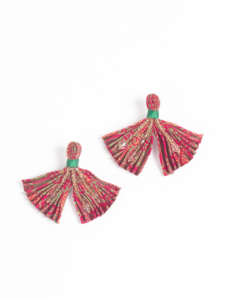 Pink and green pleated fabric earrings with green band and clear bead embellishments, shown flat on white background