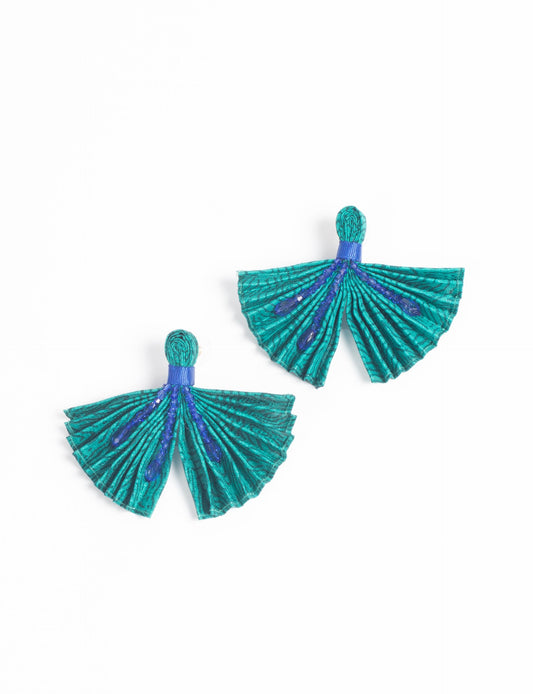 Elevate your look with our PLEATED EARRINGS – embellished with a beaded dangler, diamond-shaped metallic plate, and hook fastening. Crafted with innovative heat setting techniques on pre-loved saris, these earrings showcase ethical clothing, green fashion, and zero waste fashion. Hypoallergy tested metal hooks, nickel, and lead-free for a conscious and stylish accessory.