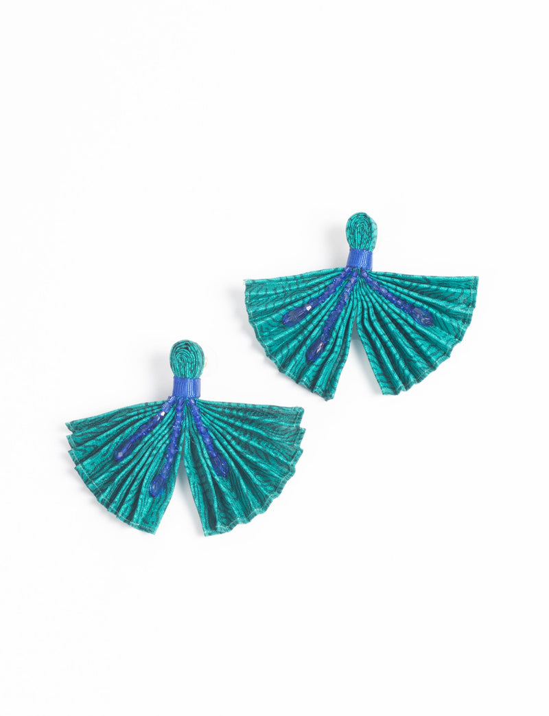 Pleated earrings in teal with blue bead accents, shown flat on a white background