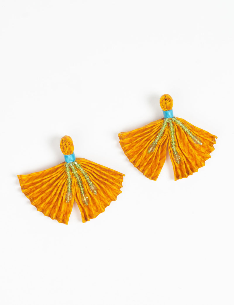 Yellow pleated fabric earrings with blue band and green bead tassels, shown flat on white background