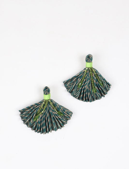 Elevate your look with our PLEATED EARRINGS – embellished with a beaded dangler, diamond-shaped metallic plate, and hook fastening. Crafted with innovative heat setting techniques on pre-loved saris, these earrings showcase ethical clothing, green fashion, and zero waste fashion. Hypoallergy tested metal hooks, nickel, and lead-free for a conscious and stylish accessory.