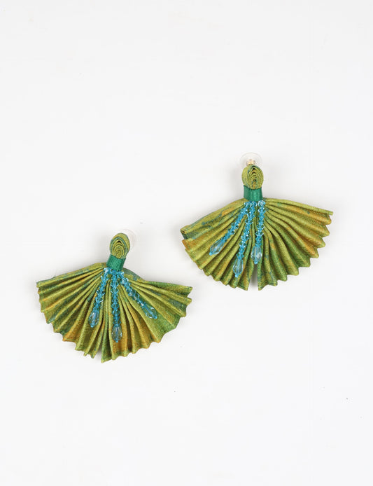 Elevate your look with our PLEATED EARRINGS – embellished with a beaded dangler, diamond-shaped metallic plate, and hook fastening. Crafted with innovative heat setting techniques on pre-loved saris, these earrings showcase ethical clothing, green fashion, and zero waste fashion. Hypoallergy tested metal hooks, nickel, and lead-free for a conscious and stylish accessory.